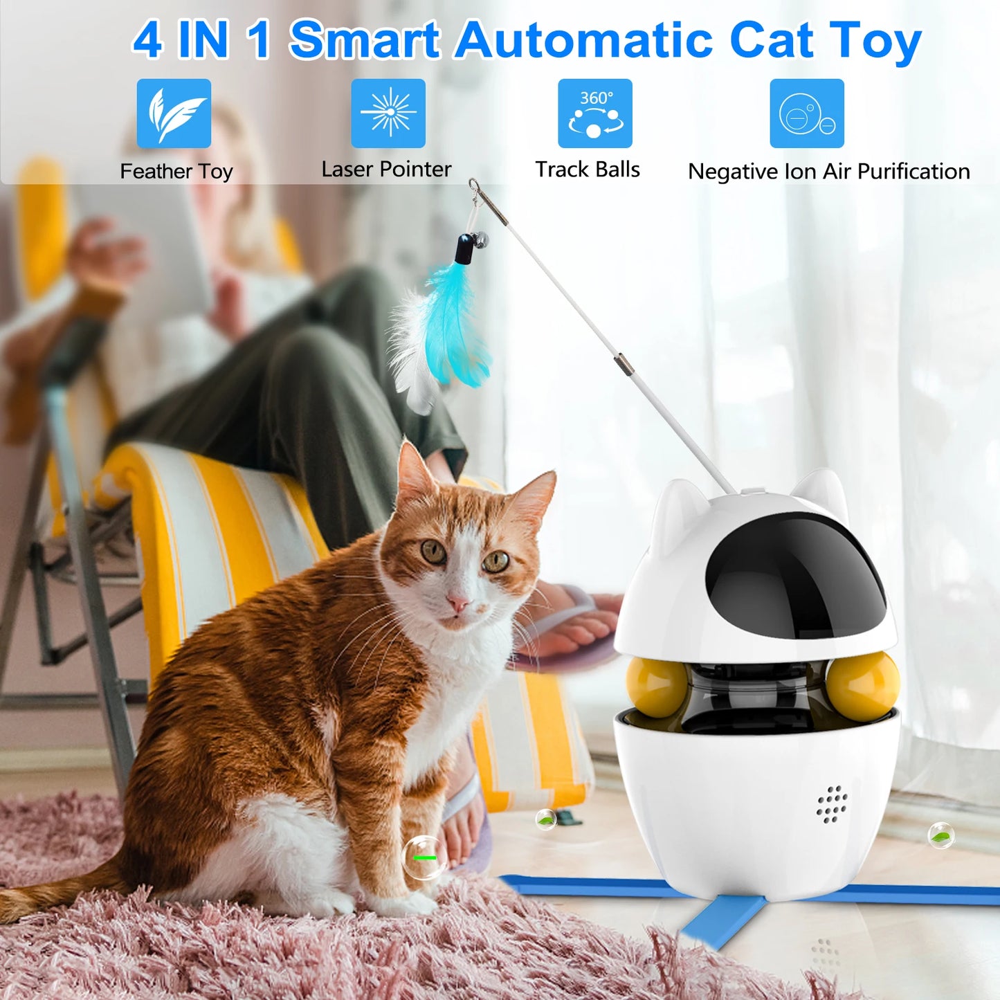 4 in 1 Cat Toys Indoor Electric Interactive Toys with Ball and Feather Automatic Chasing Exercising Laser Toy USB Charging