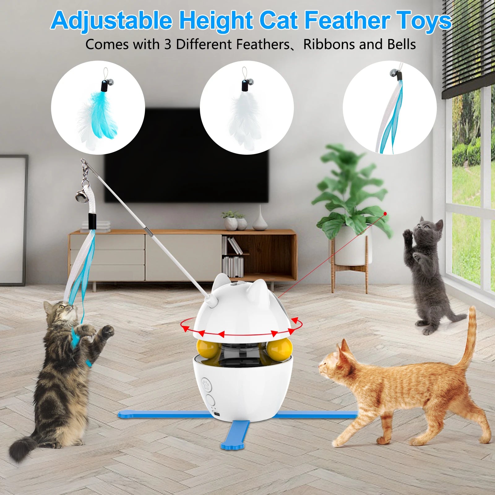 4 in 1 Cat Toys Indoor Electric Interactive Toys with Ball and Feather Automatic Chasing Exercising Laser Toy USB Charging